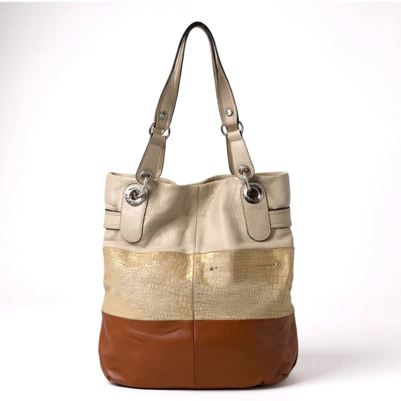 B. Makowsky Women’s Leather Tote Bag Brown/Gold/Tan One Size - Picture 1 of 11